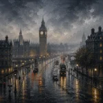 London Gaslight London Wall Art featuring rain-polished street leading toward a distant clock tower for refined interiors