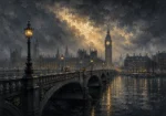 London Gaslight London Wall Art featuring iron bridge disappearing into river fog for refined interiors