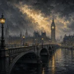London Gaslight London Wall Art featuring iron bridge disappearing into river fog for refined interiors