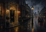 London Gaslight London Wall Art featuring red-brick townhouse entrance under amber light for refined interiors
