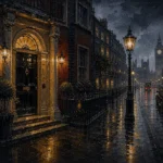 London Gaslight London Wall Art featuring red-brick townhouse entrance under amber light for refined interiors