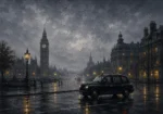 London Gaslight London Wall Art featuring black cab silhouette crossing a misty avenue for refined interiors
