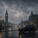 London Gaslight London Wall Art featuring black cab silhouette crossing a misty avenue for refined interiors
