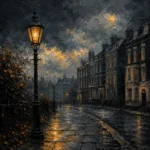 London Gaslight London Wall Art featuring solitary gas lamp glowing beside Georgian facades for refined interiors