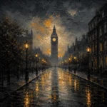 London Gaslight London Wall Art featuring rain-polished street leading toward a distant clock tower for refined interiors