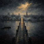 London Gaslight London Wall Art featuring iron bridge disappearing into river fog for refined interiors