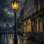 London Gaslight London Wall Art featuring solitary gas lamp glowing beside Georgian facades for refined interiors