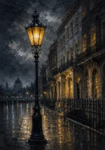 London Gaslight London Wall Art featuring solitary gas lamp glowing beside Georgian facades for refined interiors