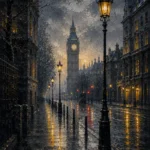 London Gaslight London Wall Art featuring rain-polished street leading toward a distant clock tower for refined interiors