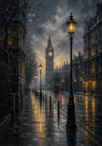 London Gaslight London Wall Art featuring rain-polished street leading toward a distant clock tower for refined interiors