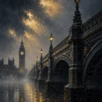 London Gaslight London Wall Art featuring iron bridge disappearing into river fog for refined interiors