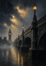 London Gaslight London Wall Art featuring iron bridge disappearing into river fog for refined interiors