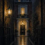 London Gaslight London Wall Art featuring red-brick townhouse entrance under amber light for refined interiors