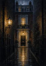 London Gaslight London Wall Art featuring red-brick townhouse entrance under amber light for refined interiors