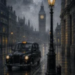 London Gaslight London Wall Art featuring black cab silhouette crossing a misty avenue for refined interiors