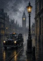London Gaslight London Wall Art featuring black cab silhouette crossing a misty avenue for refined interiors