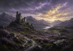 Highland Heather Scottish Highlands Wall Art featuring ruined stone keep above a heather-covered glen for refined interiors