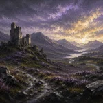 Highland Heather Scottish Highlands Wall Art featuring ruined stone keep above a heather-covered glen for refined interiors