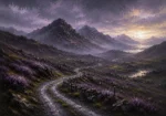 Highland Heather Scottish Highlands Wall Art featuring winding single-track road beneath dark mountains for refined interiors