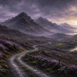 Highland Heather Scottish Highlands Wall Art featuring winding single-track road beneath dark mountains for refined interiors