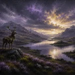 Highland Heather Scottish Highlands Wall Art featuring solitary stag beside a mirror-still loch for refined interiors
