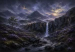 Highland Heather Scottish Highlands Wall Art featuring narrow waterfall descending through black rock for refined interiors