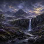 Highland Heather Scottish Highlands Wall Art featuring narrow waterfall descending through black rock for refined interiors