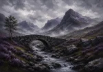 Highland Heather Scottish Highlands Wall Art featuring ancient stone bridge crossing a misty burn for refined interiors