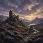 Highland Heather Scottish Highlands Wall Art featuring ruined stone keep above a heather-covered glen for refined interiors