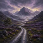 Highland Heather Scottish Highlands Wall Art featuring winding single-track road beneath dark mountains for refined interiors