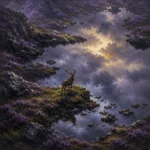 Highland Heather Scottish Highlands Wall Art featuring solitary stag beside a mirror-still loch for refined interiors