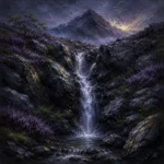Highland Heather Scottish Highlands Wall Art featuring narrow waterfall descending through black rock for refined interiors