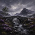 Highland Heather Scottish Highlands Wall Art featuring ancient stone bridge crossing a misty burn for refined interiors