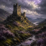 Highland Heather Scottish Highlands Wall Art featuring ruined stone keep above a heather-covered glen for refined interiors