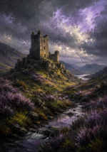 Highland Heather Scottish Highlands Wall Art featuring ruined stone keep above a heather-covered glen for refined interiors