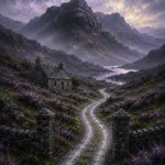 Highland Heather Scottish Highlands Wall Art featuring winding single-track road beneath dark mountains for refined interiors