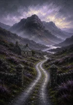 Highland Heather Scottish Highlands Wall Art featuring winding single-track road beneath dark mountains for refined interiors