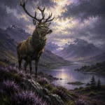 Highland Heather Scottish Highlands Wall Art featuring solitary stag beside a mirror-still loch for refined interiors