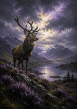 Highland Heather Scottish Highlands Wall Art featuring solitary stag beside a mirror-still loch for refined interiors