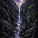Highland Heather Scottish Highlands Wall Art featuring narrow waterfall descending through black rock for refined interiors