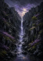 Highland Heather Scottish Highlands Wall Art featuring narrow waterfall descending through black rock for refined interiors
