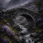 Highland Heather Scottish Highlands Wall Art featuring ancient stone bridge crossing a misty burn for refined interiors