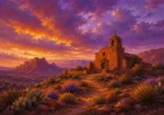 Desert Southwest Southwest Desert Wall Art featuring solitary adobe mission beneath a violet sky for refined interiors