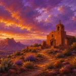 Desert Southwest Southwest Desert Wall Art featuring solitary adobe mission beneath a violet sky for refined interiors