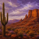 Desert Southwest Southwest Desert Wall Art featuring tall saguaro standing before copper-colored cliffs for refined interiors