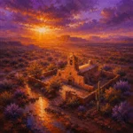 Desert Southwest Southwest Desert Wall Art featuring solitary adobe mission beneath a violet sky for refined interiors