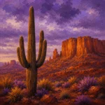 Desert Southwest Southwest Desert Wall Art featuring tall saguaro standing before copper-colored cliffs for refined interiors