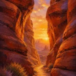 Desert Southwest Southwest Desert Wall Art featuring winding canyon passage glowing at sunset for refined interiors