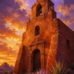 Desert Southwest Southwest Desert Wall Art featuring solitary adobe mission beneath a violet sky for refined interiors