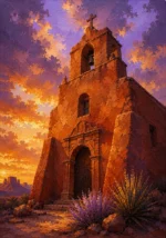 Desert Southwest Southwest Desert Wall Art featuring solitary adobe mission beneath a violet sky for refined interiors